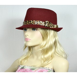 Fedora Hats – 12 PCS Wool-felt Like w/ Leopard Print Band - Red - HT-AHA51743RD